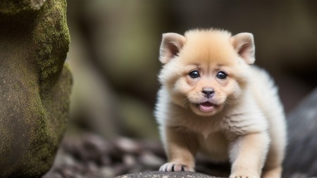 puppy is standing on a rock and looking at the camera with a surprised look on its face