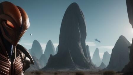 sci - fi character standing in front of a mountain range with mountains in the background