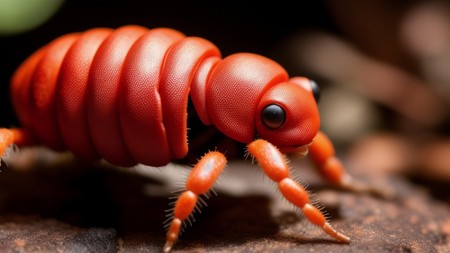 close up of a small red bug on a tree branch with a blurry background