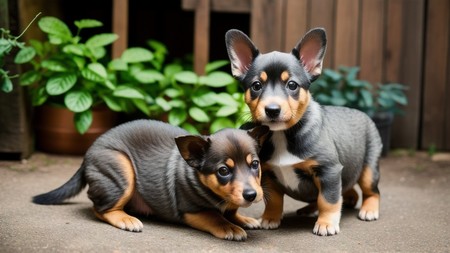 two small puppies are sitting next to each other on the ground