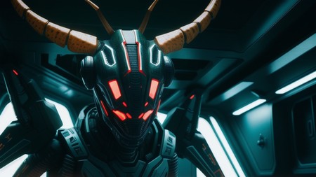 close up of a robot with glowing eyes and horns on it's head