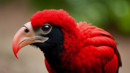 close up of a red and black bird with a long beak