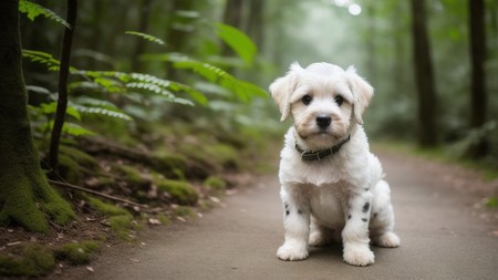small white dog sitting on top of a dirt road in a forest