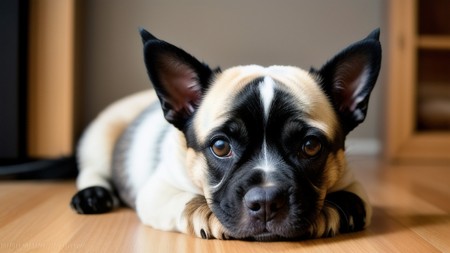 black and white dog laying on top of a hard wood floor