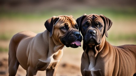 two brown dogs standing next to each other on top of a field