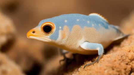 close up of a small blue and white animal on a rock