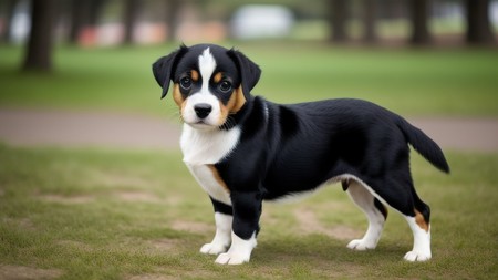 black, white and brown puppy standing in the grass with trees in the background