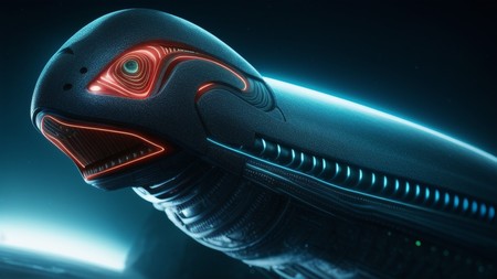 futuristic looking creature with glowing eyes and a glowing mouth is shown in the dark