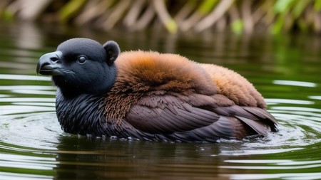 large bird floating on top of a lake next to a forest