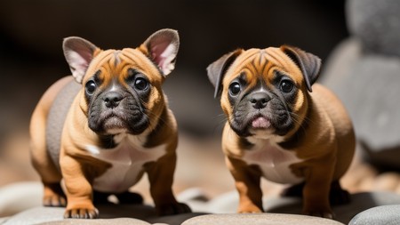 couple of small dogs standing on top of a pile of rocks