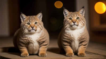 couple of cats sitting next to each other on a wooden floor