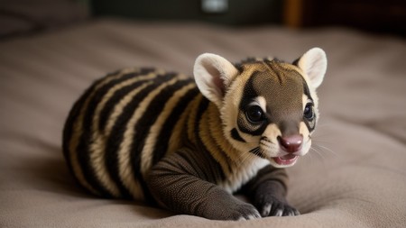 small animal sitting on top of a bed covered in a blanket