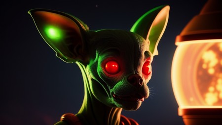 dog with glowing eyes standing next to a light on a pole