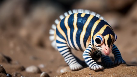 striped gecko is walking on the sand with its eyes open