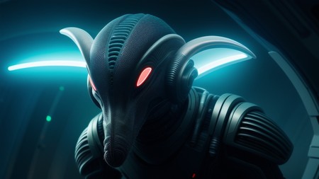 futuristic looking creature with glowing eyes in a dark room with neon lights