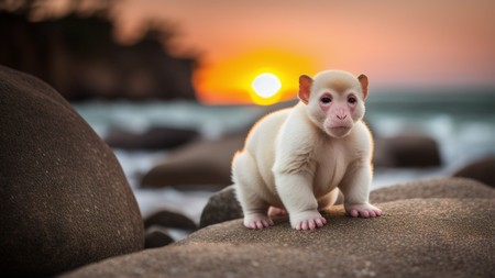 baby monkey is sitting on a rock at the beach with the sun setting in the background