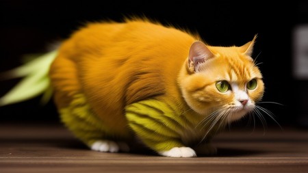 an orange cat with green eyes walking on a wooden surface with a blurry background