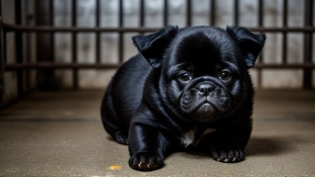 small black dog sitting on the ground next to a caged in area