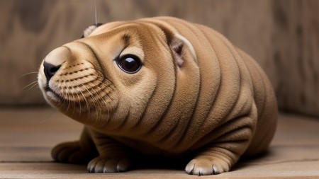 close up of a stuffed animal on a wooden floor with a wall in the background