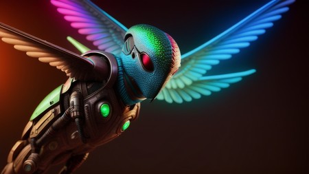 robot bird with glowing wings and a glowing body with glowing wings