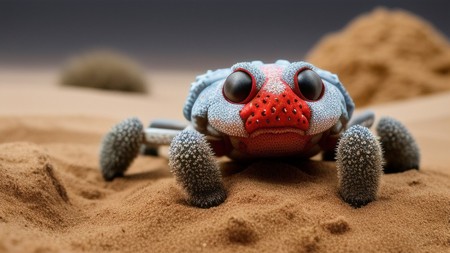 close up of a toy crab on a sandy surface with sand in the background