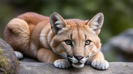 close up of a cat laying on top of a large rock