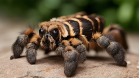 close up of a tarantula on a rock with grass in the background