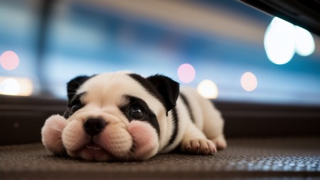 small black and white dog laying on top of a floor next to a window