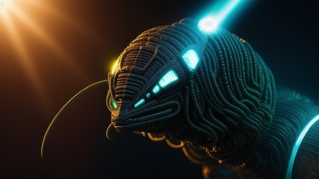 close up of a creature made out of wires with a light shining on it's face