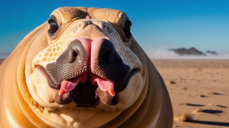 close up of a walrus with its tongue out and a sky in the background