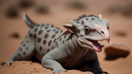 close up of a small lizard on a dirt surface with its mouth open