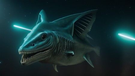 large blue fish with sharp teeth and sharp teeth, in the dark