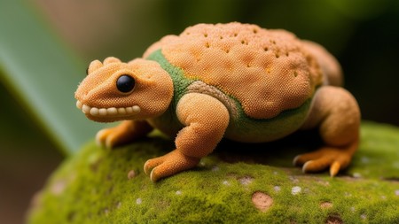 close up of a toy frog on a mossy surface with a blurry background