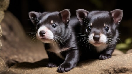 couple of small animals standing next to each other on a rock