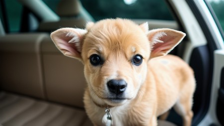 small brown dog sitting in the back seat of a car looking at the camera