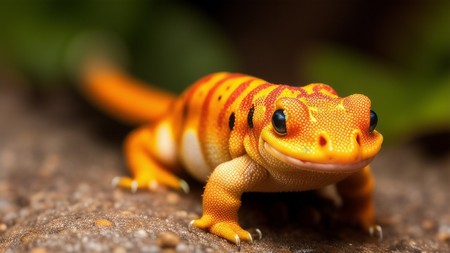 an orange and yellow geckole sitting on top of a rock