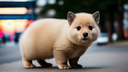 small furry animal standing on a street with a blurry background