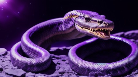 purple snake with its mouth open on a rock in front of a star filled sky