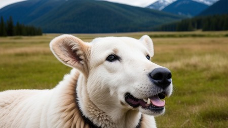 large white dog standing on top of a lush green field next to a forest