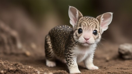 small kitten with big ears standing in the dirt and looking at the camera