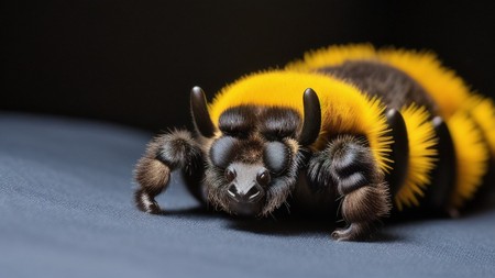 close up of a bug with yellow hair on it's head