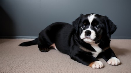 black and white puppy laying on the floor looking at the camera