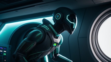 sci - fi character standing in front of a window in a spaceship