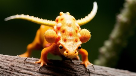 small orange lizard with horns on its head sitting on a tree branch