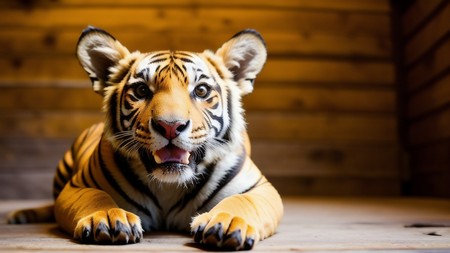 close up of a tiger laying on the ground with its mouth open