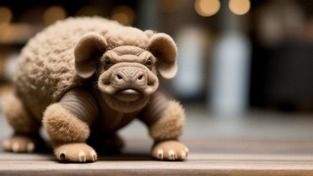 close up of a stuffed animal on a table with blurry lights in the background