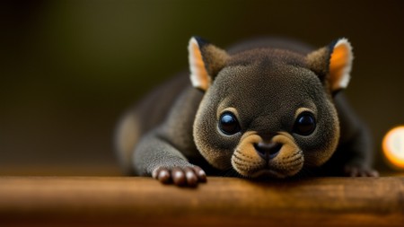 close up of a small animal laying on a table with lights in the background