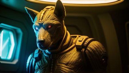 close up of a statue of a dog in a space station