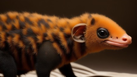 close up of a small animal on a bed with a black background