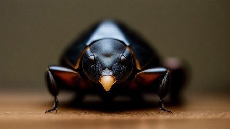 close up of a bug with a yellow beak on a table
